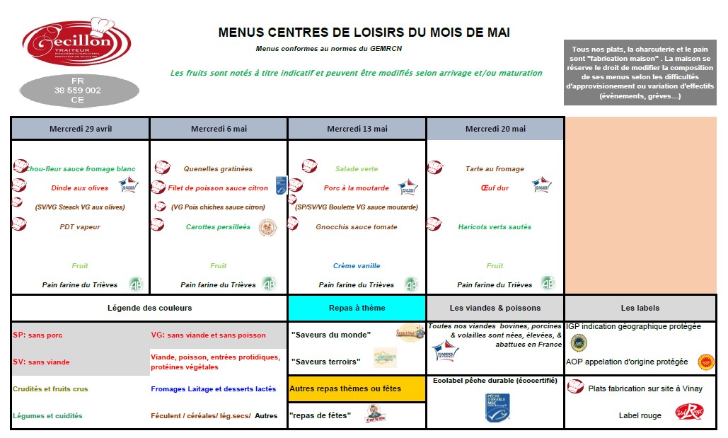 Menus du mois de MAI 2026